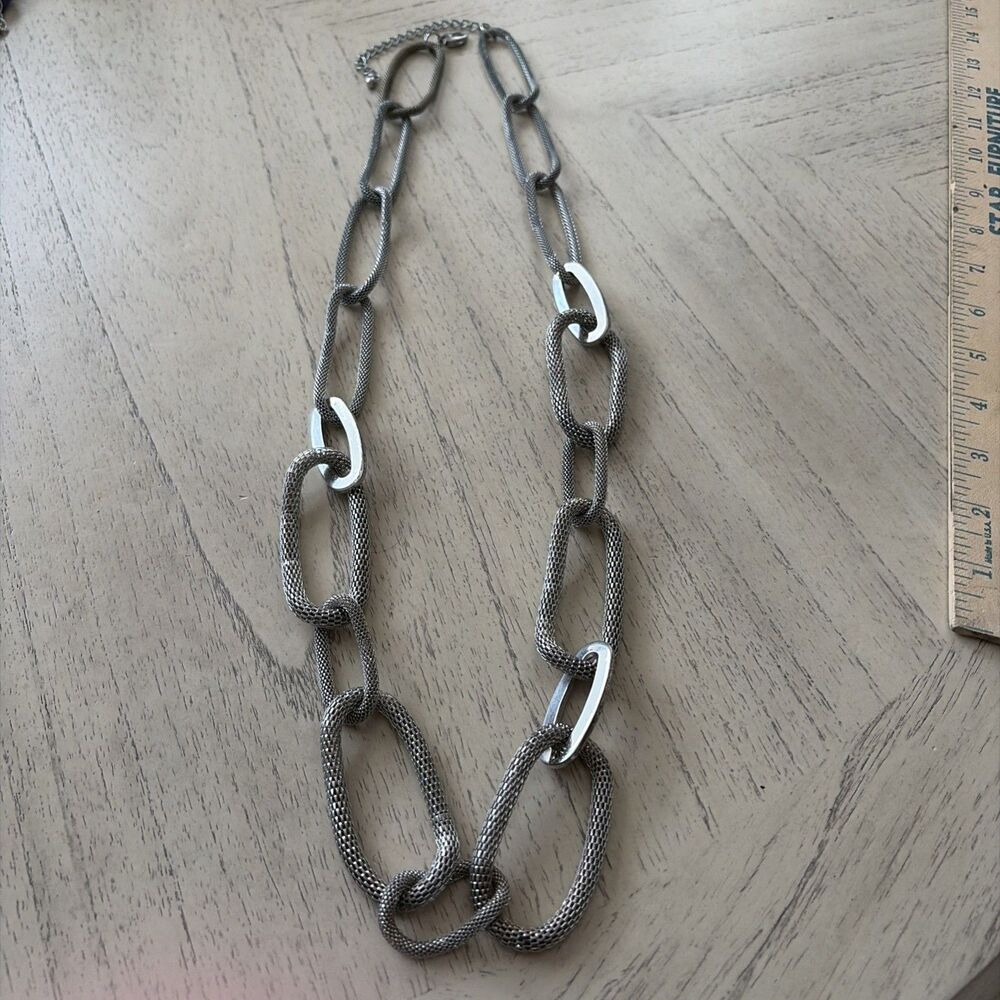 Chico's Silver Tone Long Mesh Oval Link Statement Necklace 36" Adjustable